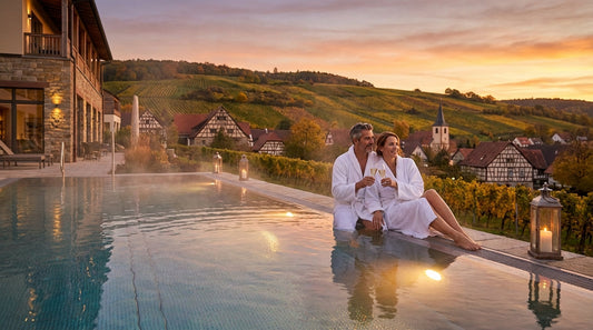 Wellnesshotel in Franken mit Schwimmbad und Sauna – beheizbarer Infinity-Außenpool mit Dampf bei Sonnenuntergang und Blick auf fränkische Weinberge