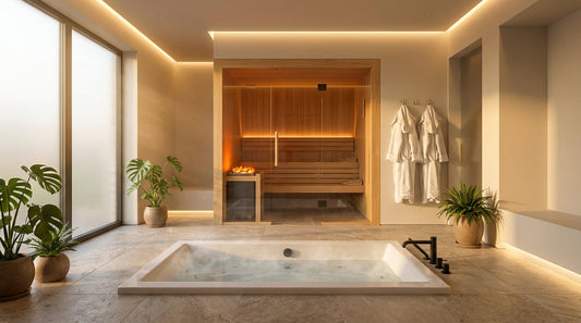 Moderne private Sauna Suite mit warmem Holz, Whirlpool und gedimmtem Licht – luxuriöse Wellness-Atmosphäre zum Mieten