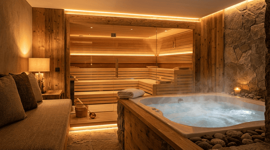 Private Spa Suite mit finnischer Sauna und dampfendem Whirlpool in warmer Beleuchtung – exklusiver Wellness Bereich in Alfter bei Bonn