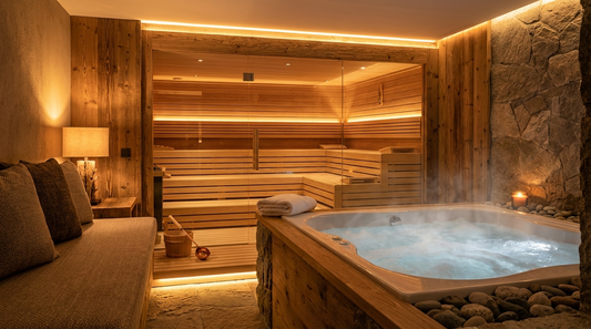Private Spa Suite mit finnischer Sauna und dampfendem Whirlpool in warmer Beleuchtung – exklusiver Wellness Bereich in Alfter bei Bonn