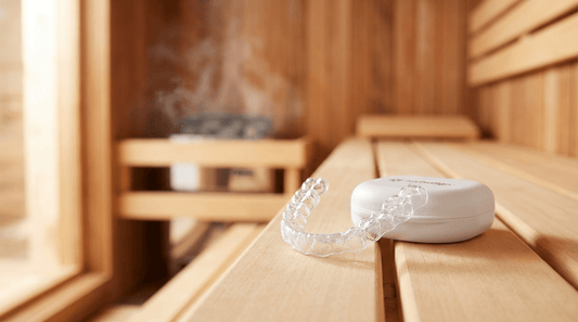 Transparenter Invisalign-Aligner neben einer weißen Aufbewahrungsbox vor dem verschwommenen Hintergrund einer traditionellen Holzsauna mit aufsteigendem Dampf