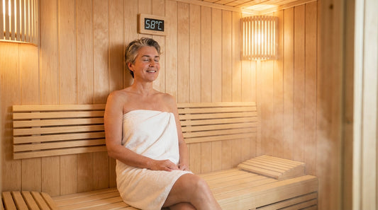 Person entspannt in einer milden Biosauna bei 58 Grad Celsius mit sanfter Beleuchtung und natürlichem Holzinterieur