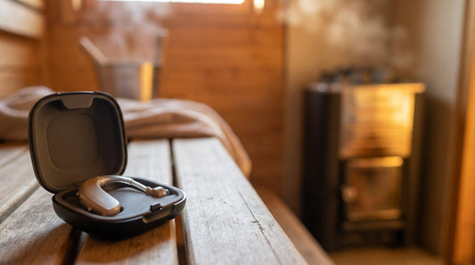 Hörgerät sicher im Etui auf einer Saunabank während des Saunagangs verstaut