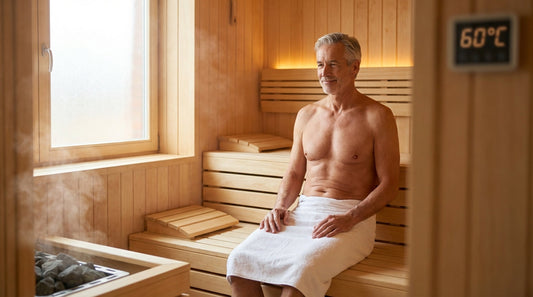 Entspannter älterer Mann sitzt auf der unteren Bank einer modernen finnischen Sauna bei moderater Temperatur von 60 Grad Celsius