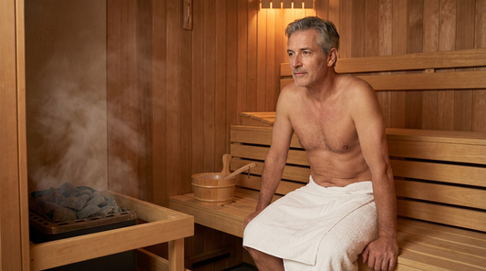 Mann mittleren Alters sitzt entspannt auf der unteren Bank einer finnischen Sauna mit warmem Holz und sanftem Dampf