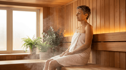 Person mit Knieprothese entspannt in einer milden Bio-Sauna mit Holzbänken und warmem Ambiente