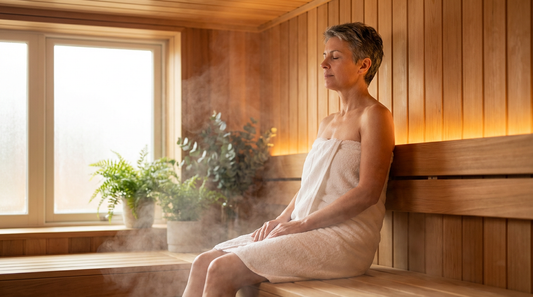 Person mit Knieprothese entspannt in einer milden Bio-Sauna mit Holzbänken und warmem Ambiente