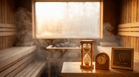 Finnische Sauna mit warmem Holz und sanftem Dampf, symbolisches Stundenglas zeigt Wartezeit nach Zahnimplantat an