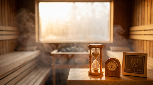 Finnische Sauna mit warmem Holz und sanftem Dampf, symbolisches Stundenglas zeigt Wartezeit nach Zahnimplantat an