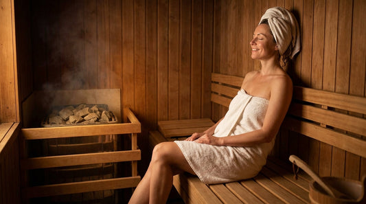 Frau entspannt nach vollständiger Heilung sicher in der Sauna mit Brustimplantaten