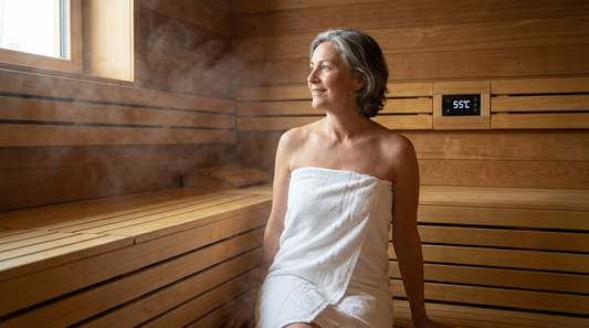 Person entspannt in milder Bio-Sauna bei 55 Grad nach Hüft-OP mit korrekter aufrechter Sitzhaltung