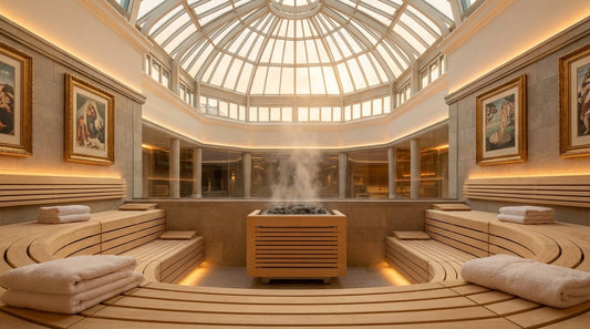 Georg Arnhold Bad Dresden Saunalandschaft mit gläsernem Atrium und Kunstwerken der Alten Meister an den Wänden