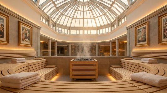 Georg Arnhold Bad Dresden Saunalandschaft mit gläsernem Atrium und Kunstwerken der Alten Meister an den Wänden