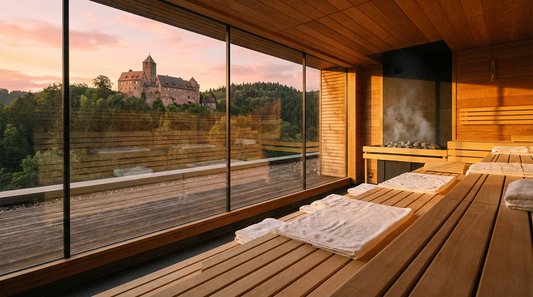 Panoramasauna mit Blick auf mittelalterliche Burg im Schwarzwald bei Sonnenuntergang