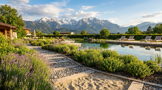 Saunagarten im Badria Wasserburg mit Barfußpfad, Naturwasserbecken und Blick auf die schneebedeckten Alpen