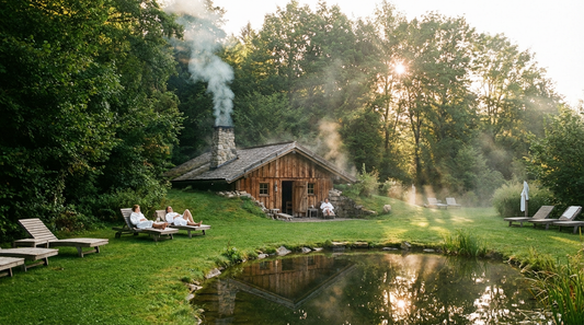 Saunagarten im Parkbad Volksdorf mit Erdsauna, Holzliegen und grüner Naturlandschaft in Hamburg