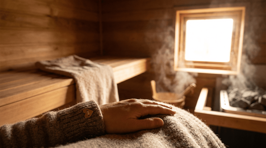 Person sitzt achtsam in einer hellen Holzsauna und hält sich vorsichtig die Brust, symbolisiert vorsichtigen Wiedereinstieg nach Lungenembolie