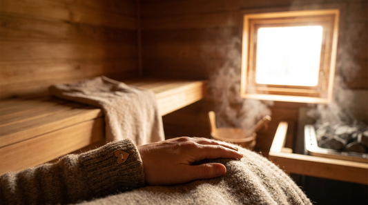 Person sitzt achtsam in einer hellen Holzsauna und hält sich vorsichtig die Brust, symbolisiert vorsichtigen Wiedereinstieg nach Lungenembolie