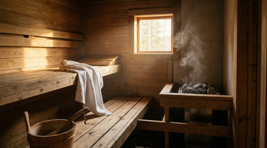 Leere finnische Holzsauna mit warmem Licht und aufsteigendem Dampf, symbolisch für die Frage ob Cortison und Saunieren zusammenpassen