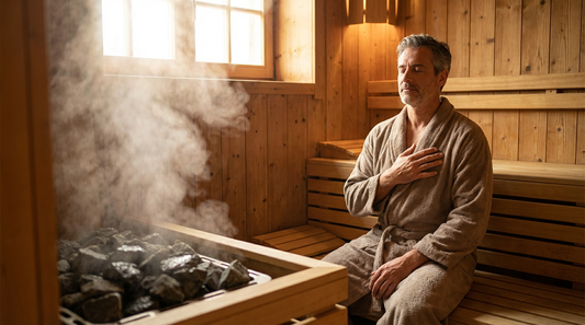  Entspannter Mann mittleren Alters sitzt friedlich in einer finnischen Sauna mit warmer Holzverkleidung und sanftem Dampf, symbolisiert sicheres Saunieren mit Herzmedikamenten