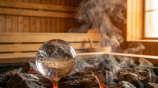 Kristallklare Eiskugel auf heißen Saunasteinen mit sanft aufsteigendem Dampf in einer Holzsauna