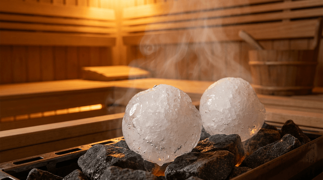  Handgefertigte Eiskugeln aus gepresstem Crushed Ice auf glühenden Saunasteinen mit aufsteigendem Dampf in traditioneller Holzsauna