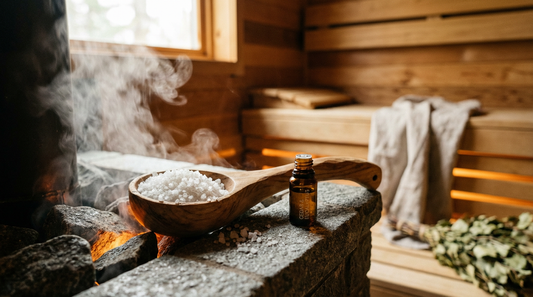  Saunakelle mit grobem Meersalz und ätherischem Öl auf heißem Saunaofen mit aufsteigendem Dampf für selbstgemachten Salzaufguss