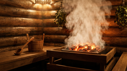 Dampfender Saunaaufguss mit Holzkübel und Schöpfkelle auf heißen Saunasteinen in einer traditionellen Saunakabine