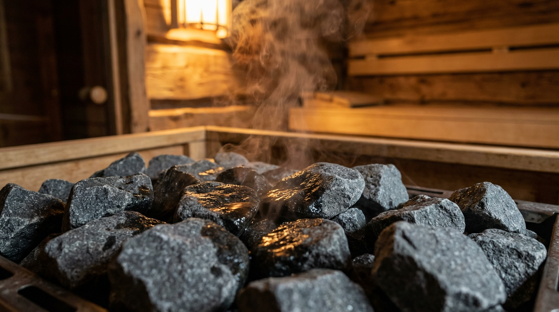 Dampfender Kaffeeaufguss auf heißen Saunasteinen mit aufsteigendem Kaffeearoma in warmer Saunaatmosphäre