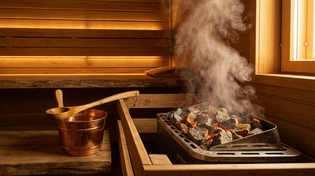 Finnische Saunakabine mit dampfenden Steinen und Aufgusskelle, warme Bernsteintöne im Dampf für Whiskey-Aufguss-Atmosphäre