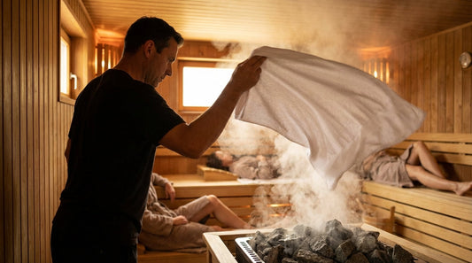 Saunameister wedelt mit weißem Frottee-Wedeltuch während Aufguss in finnischer Sauna mit aufsteigendem Dampf
