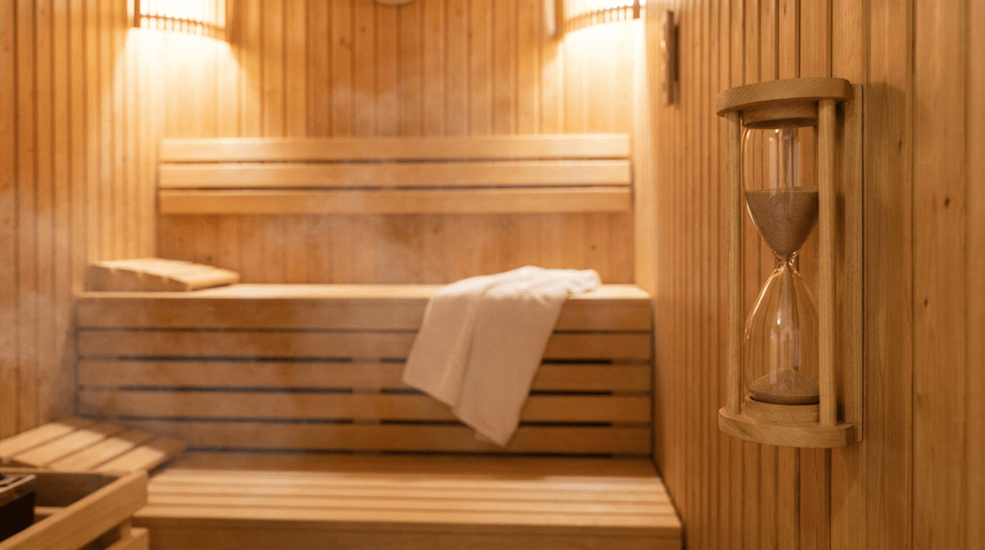 Finnische Sauna von innen mit Sanduhr an der Wand und drei Bankstufen aus hellem Holz