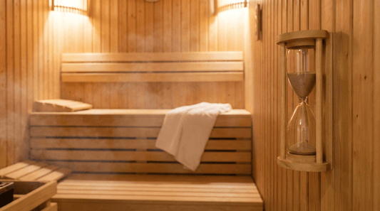Finnische Sauna von innen mit Sanduhr an der Wand und drei Bankstufen aus hellem Holz