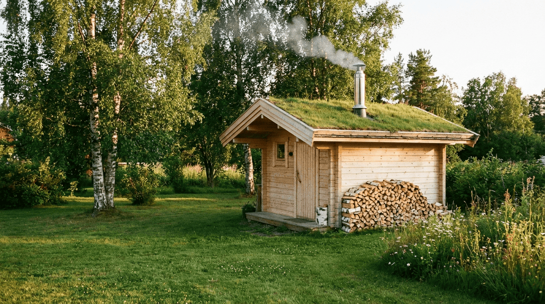Gartensauna aus Holz mit rauchendem Schornstein im Garten - der Holzofen sorgt für echtes Saunafeeling ohne Stromanschluss