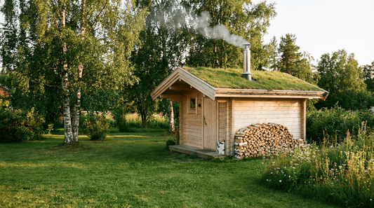 Gartensauna aus Holz mit rauchendem Schornstein im Garten - der Holzofen sorgt für echtes Saunafeeling ohne Stromanschluss