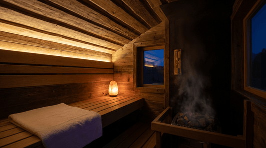 Sauna am Abend mit gedimmtem warmem Licht und Sanduhr - die perfekte Umgebung für die Schlaf-Routine
