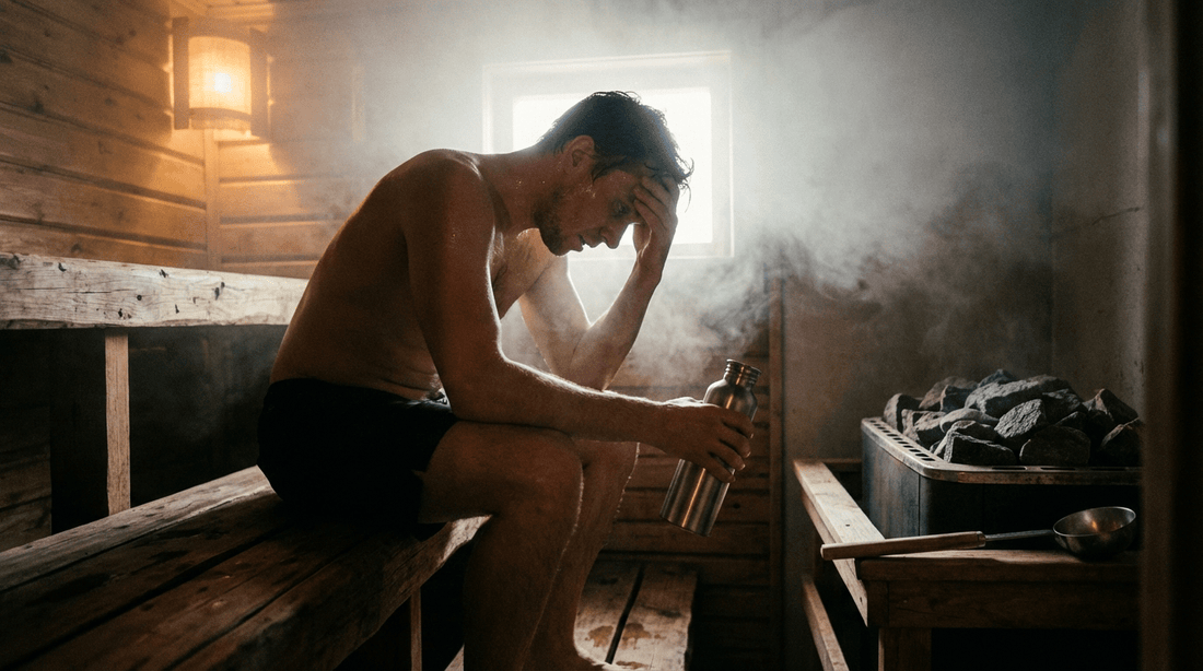Person mit Kopfschmerzen nach der Sauna haelt sich die Stirn auf der Saunabank