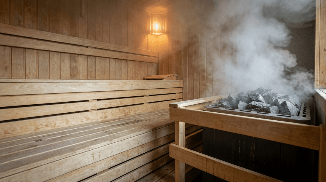  Finnische Sauna mit Holzbänken und Saunaofen für maximale Immunstärkung