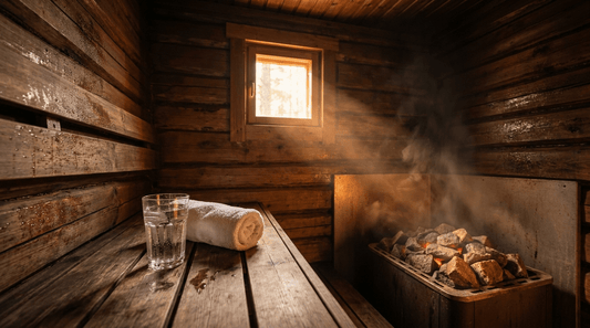 Finnische Sauna von innen: Holzbänke, dampfende Steine und ein Glas Wasser – Symbol für die wahre Wirkung der Sauna jenseits des Entgiftungs-Mythos.
