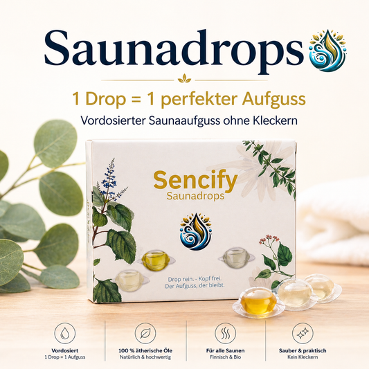 Sencify Saunadrops Box mit wasserlöslichen Pods als Alternative zu Saunaöl – vordosierter Saunaaufguss mit ätherischen Ölen für sauberen und einfachen Aufguss