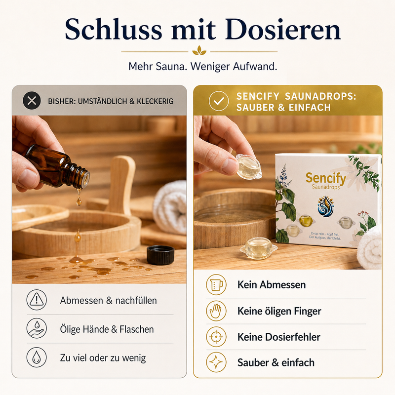 Vergleich Saunaöl und Saunadrops – kein Abmessen, keine öligen Finger und kein Kleckern dank vordosierten Saunaaufguss Pods