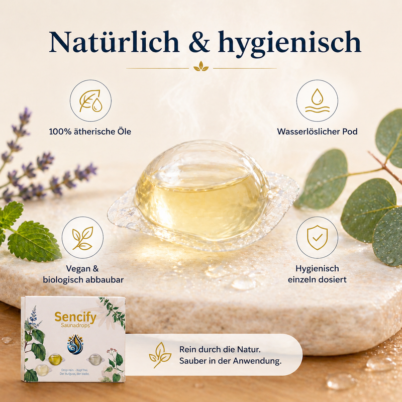 Wasserlöslicher Saunadrop Pod mit 100% ätherischen Ölen – vegan, biologisch abbaubar und hygienisch dosiert für natürlichen Saunaaufguss