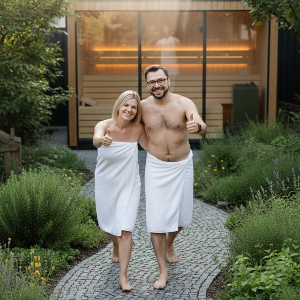 2 personen vor einer sauna mit einen saunaaufguss von sencify