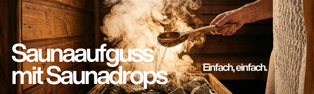 Saunaaufguss mit einer Saunakelle und das produkt saunadrops