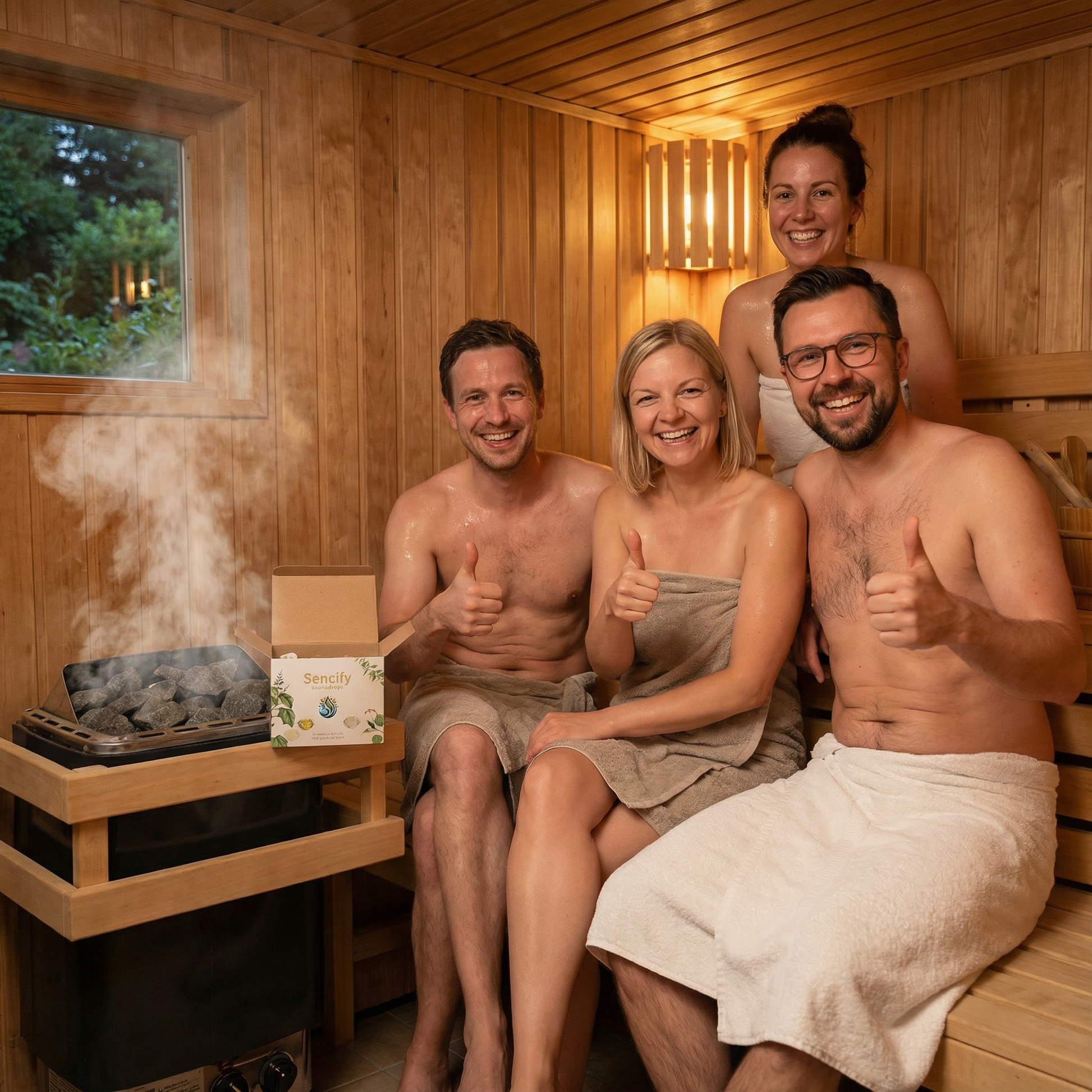4 personen in der sauna glcklich. saunadrops sind ein erfolg