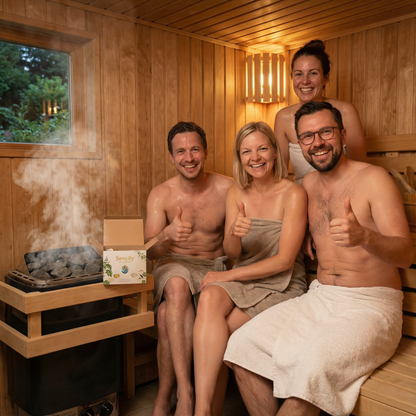 4 personen in der sauna glcklich. saunadrops sind ein erfolg