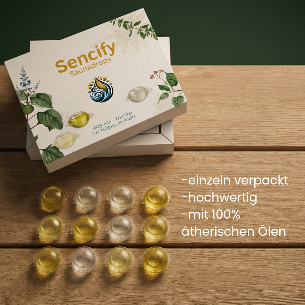 Saunadrops verpackung. 12 saunadrops liegen auf dem holz