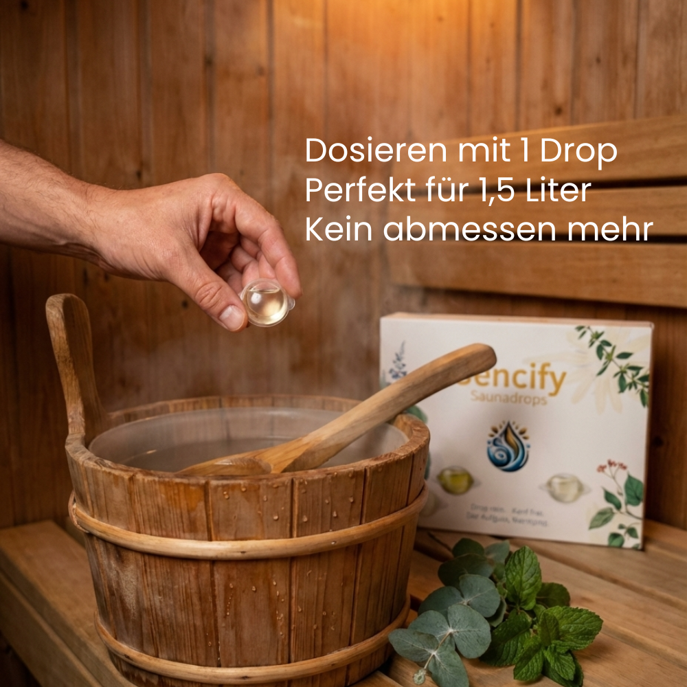 Saunadrop in der hand , es ist noch ein saunaeimer zu sehen und saunadrops verpackung im hintergrund