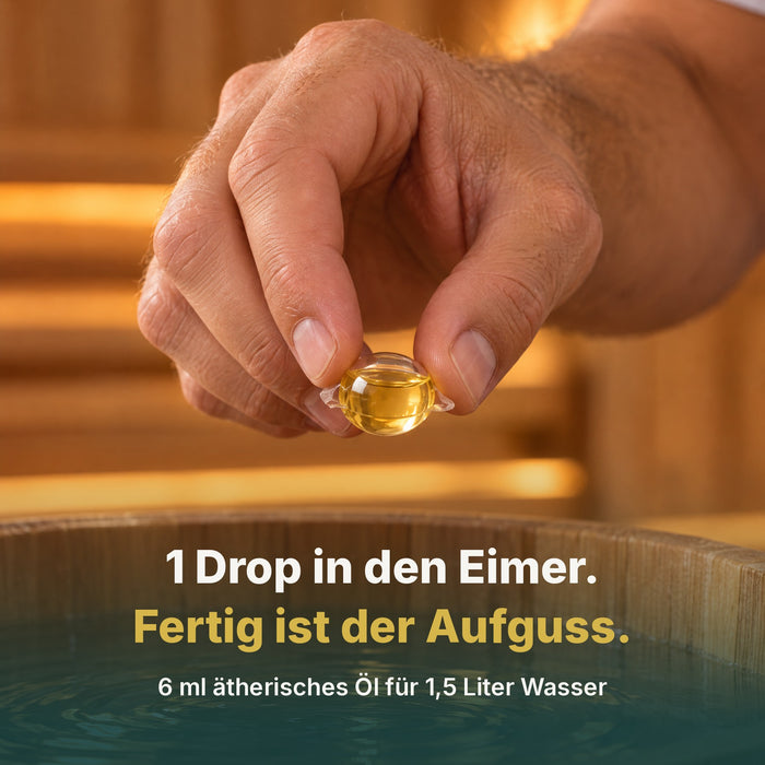 Saunadrops: ein Drop über dem Aufgusseimer, 6 ml ätherisches Öl für 1,5 Liter Wasser