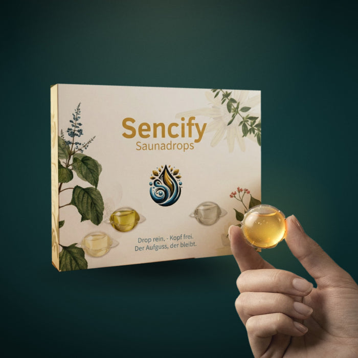 Sencify Saunadrops: Schachtel mit 12 vordosierten Saunaaufguss-Drops, ein Drop zwischen zwei Fingern